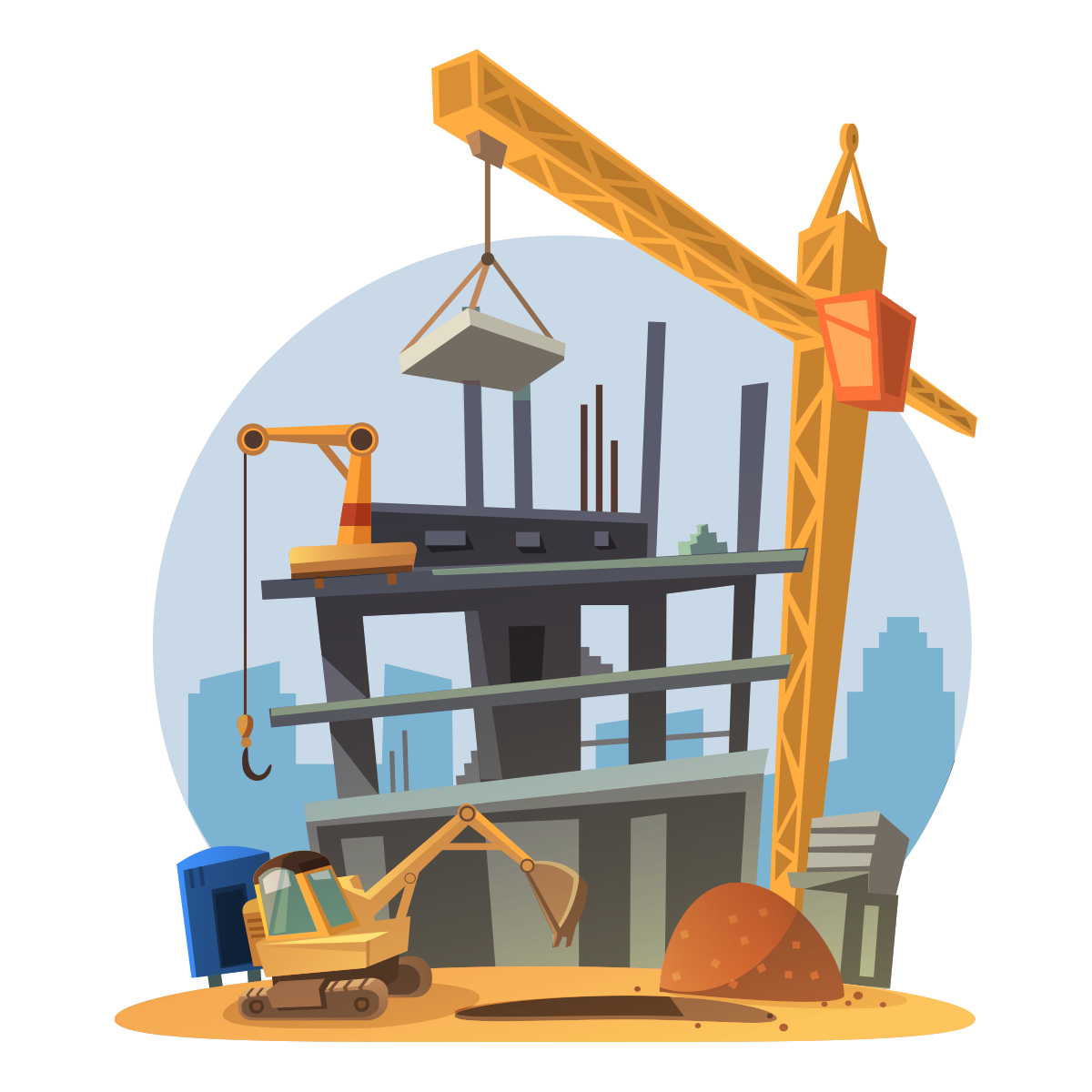 Services: Hochbau Bild - Illustration einer Baustelle, die einen Rohbau ausbauen, der in die Höhe geht | Services