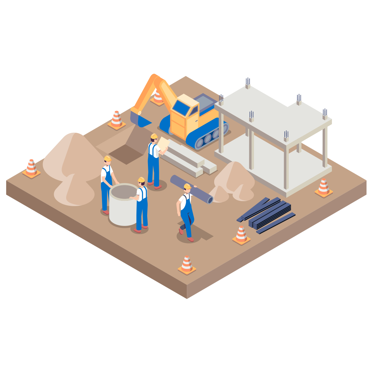 Services: Rohbau Bild - Isometrische Illustration von Bauarbeitern auf einer Baustelle, die einen Rohbau zusammenbauen | Services