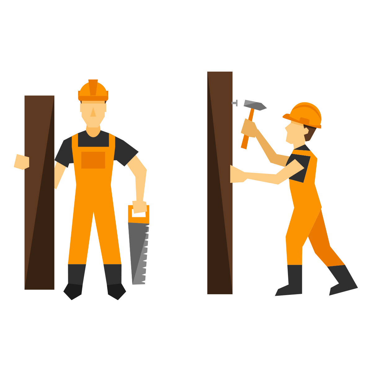 Services – Trockenbau Bild - 2 Bauarbeiter, die Holzbrätter in der Hand halten + Säge und / oder Hammer die diese Holzteile einbauen | Services